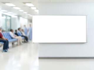 Blank Whiteboard in a Waiting Room: A clear whiteboard affixed to the wall offers space for notices in a medical setting. People wait in the background.