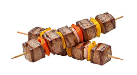 Grilled Beef Kebab Skewer with Vegetables - Isolated BBQ Meat Dish on White Background