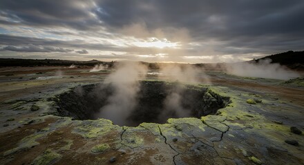Volcano Crater with Rising Steam at Sunset