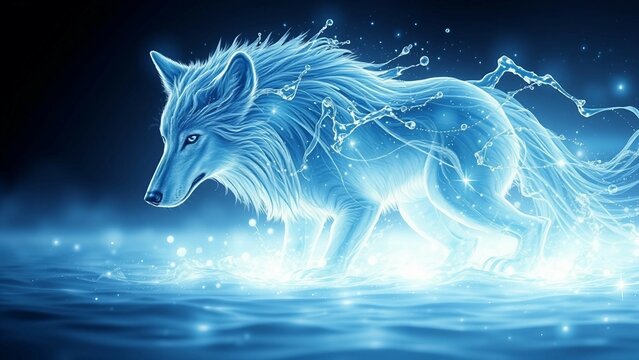 Fantasievolle Darstellung eines Wolfes aus Wasser und Licht, leuchtend blau, geheimnisvoll und &auml;sthetisch
