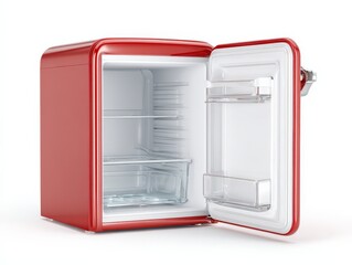 Retro red mini-fridge with door open, showcasing its clean and spacious interior. Perfect for small spaces!
