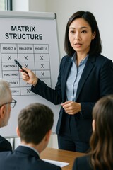 Corporation structure negotiation concept. Businesswoman presenting a matrix structure to an audience in a meeting room.