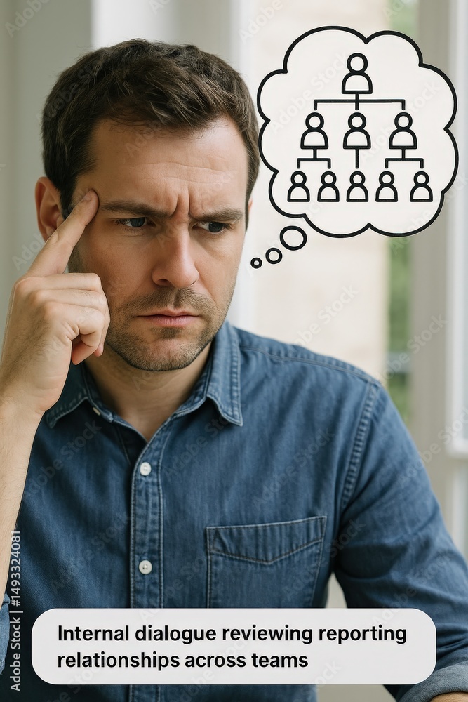 Poster corporation structure negotiation concept. man contemplating team structure and internal relationshi