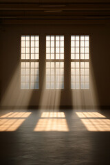 Naklejka premium Sunlight streams through paneled windows, casting shadows on the empty floor, illuminating the quiet space with warm, golden light.