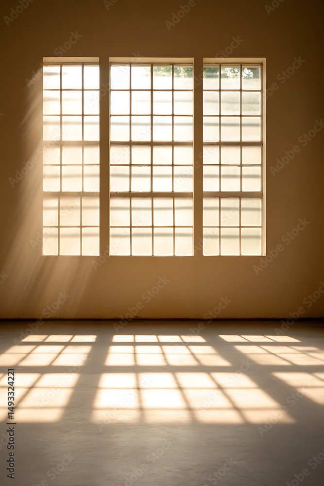 Poster sunlight streams through a grid of windows, casting a patterned shadow on the floor. an interplay of