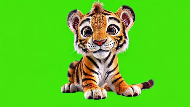 Cute Tiger 3D Render Isolated On Green Screen