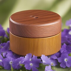 Elegant Wooden Container with Lid Among Purple Flowers Beautiful Natural Craftsmanship