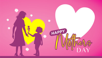 Template banner on a pink background and Transparent Love with floral ornament and hearts. Mother's day vector illustration Template. a boy gives flowers to his mother. Happy Mother's Day. 