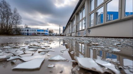 Fototapeta premium Shattered glass litters a wet ground near a building, reflecting a cloudy sky