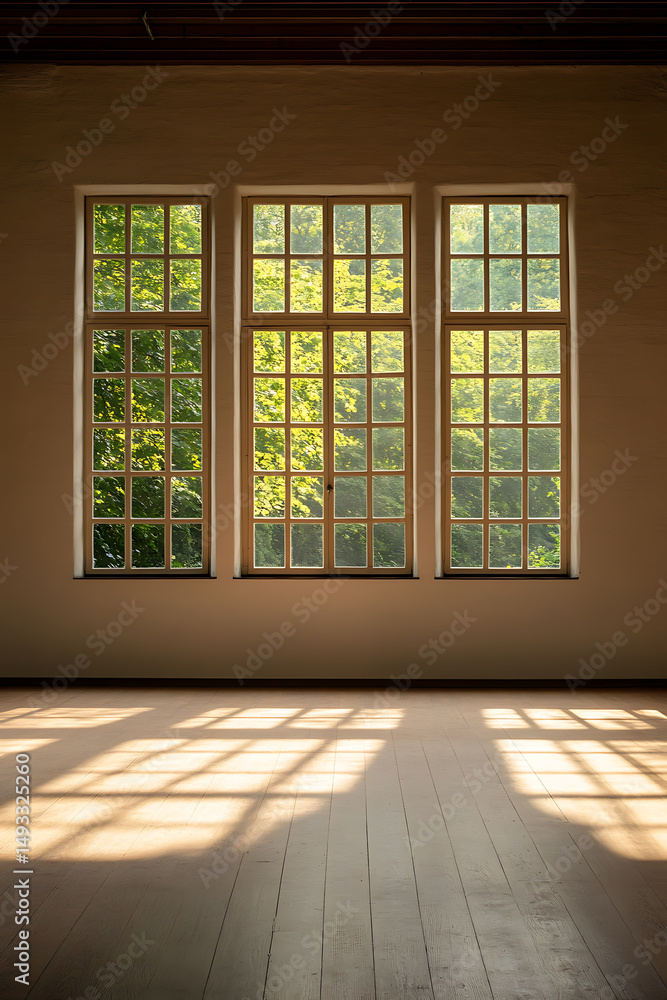 Poster sunlight streams through three windows, casting grid-like shadows on a wooden floor in an empty room