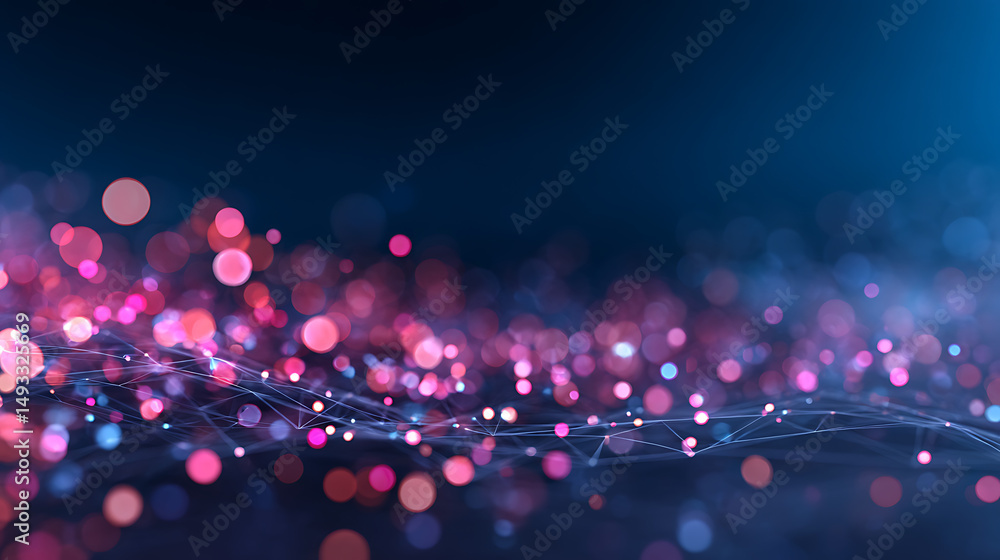 Poster a digital abstract backdrop featuring pink and blue lights in a bokeh effect over a dark surface, co