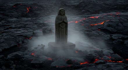 Stone Statue on Lava Field with Steam