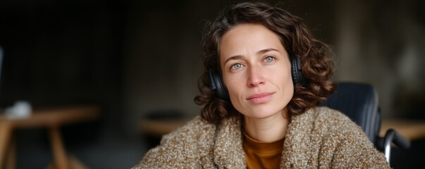 Woman with disability in wheelchair listening music in relaxing environment