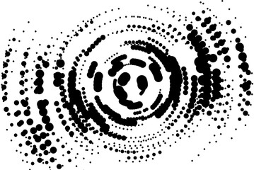 Black ink dot circles spinning fade in and fade out on white background, vector abstract geometric quantum ai and source of truth, halftone tiles banner minimal style dynamic web tech wallpaper