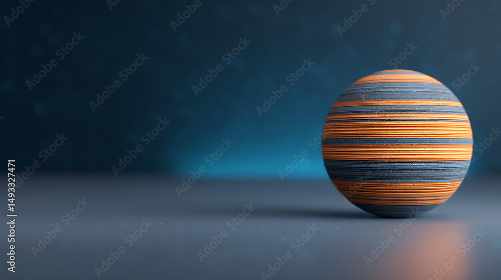 Poster a spherical abstract sculpture with layered patterns and textures against a dark background, evoking