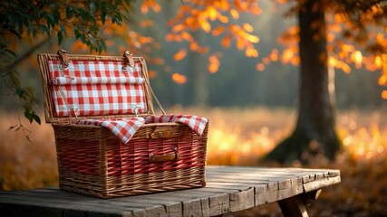 A lovely picnic basket with decorations on a basic wooden table in a scenic outdoor environment. - Powered by Adobe