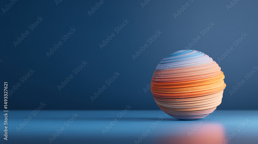 Poster a spherical abstract sculpture with layered patterns and textures against a dark background, evoking