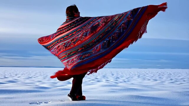 Person wearing traditional Andean poncho on snow covered landscape, vibrant colors, cultural attire, serene winter scene, wind blowing the fabric.