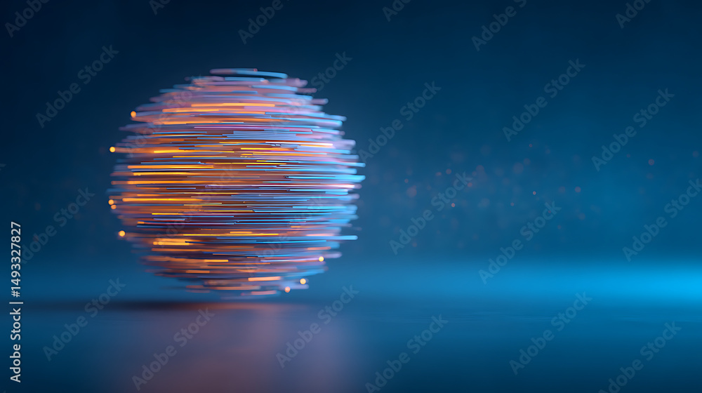Poster a spherical abstract sculpture with layered patterns and textures against a dark background, evoking