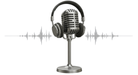 Isolated Microphone and Headphones on Stand with Sound Waves