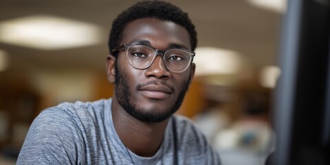 Student engaged in academic research in library setting