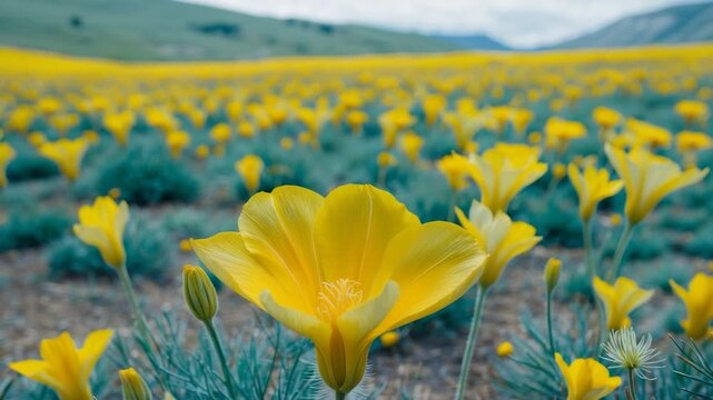 Early blooming plants include a large yellow flower in the steppe.