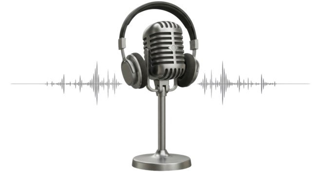 Isolated Microphone and Headphones on Stand with Sound Waves