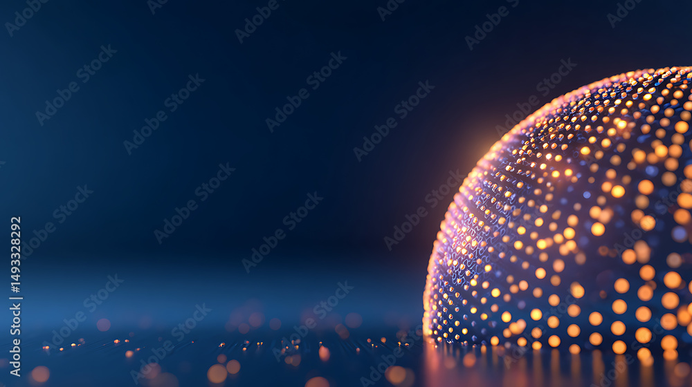 Poster a digital sphere with a dot pattern, glowing on a dark blue gradient background, evoking a high-tech
