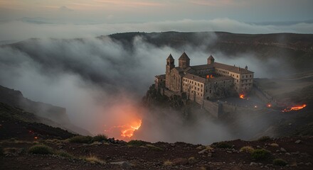 Volcano with building on hill