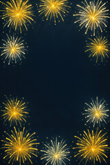 Golden and silver fireworks exploding in a dark night sky, creating festive border with copy space