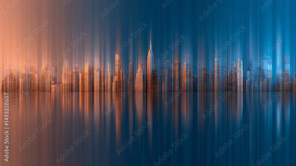 Poster abstract digital cityscape with skyscraper-like structures in blue and orange hues on a grid backgro
