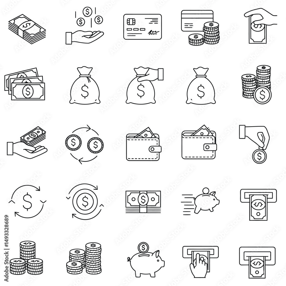 Poster collection of line art icons depicting various financial and monetary concepts in a clean layout