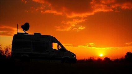Fototapeta premium TV News Truck Silhouetted against a Dramatic Sunset Sky 