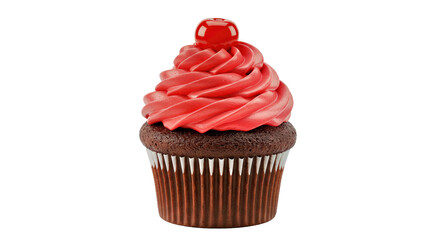 Chocolate Cupcake with Red Frosting & Cherry - Isolated Dessert on Transparent Background