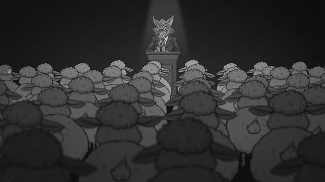 Political Cartoon Sheep Cheering for a Wolf Old Film