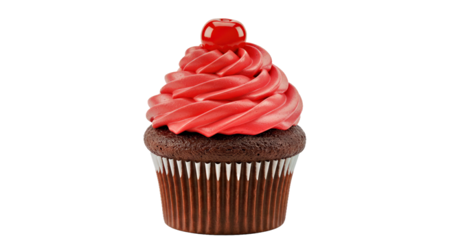 Chocolate Cupcake with Red Frosting & Cherry - Isolated Dessert on Transparent Background - Powered by Adobe
