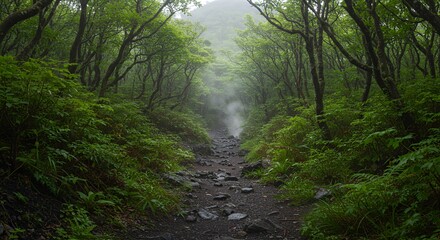 Obraz premium Forest Trail Through Green Trees and Fog