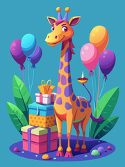 Happy Birthday Giraffe with Gifts and Balloons Festive Illustration