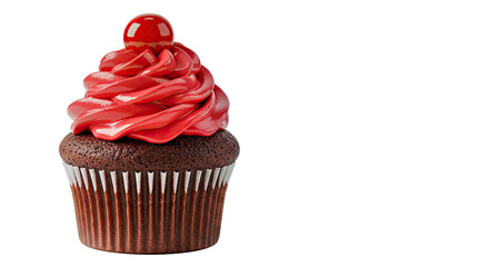 Chocolate Cupcake Red Frosting Cherry Top - Isolated Sweet Dessert Art on Transparent BG
