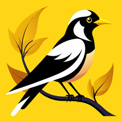 Stylish Black and White Bird Perched on Branch with Autumn Leaves
