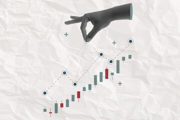 business graph chart finance stock market collage hand halftone trendy. vector illustration concept growth investment exchange currency money financial. technology digital background profit trade.