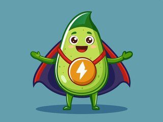 Superhero Avocado Cartoon Character with Energy Medal