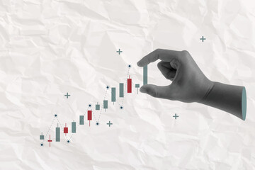 business graph chart finance stock market collage hand halftone trendy. vector illustration concept growth investment exchange currency money financial. technology digital background profit trade.