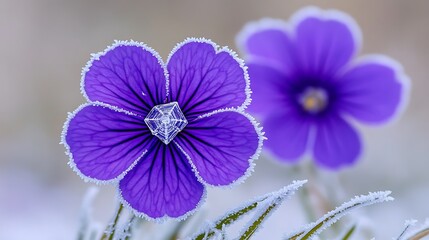 Obraz premium Delicate Purple Flower with Ice Crystal Center Winter Frost Nature Macro