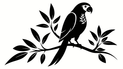 Elegant Black Silhouette of a Parrot on a Branch with Leaves