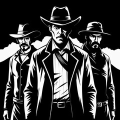 Three Tough Western Gunmen in Black and White Illustration
