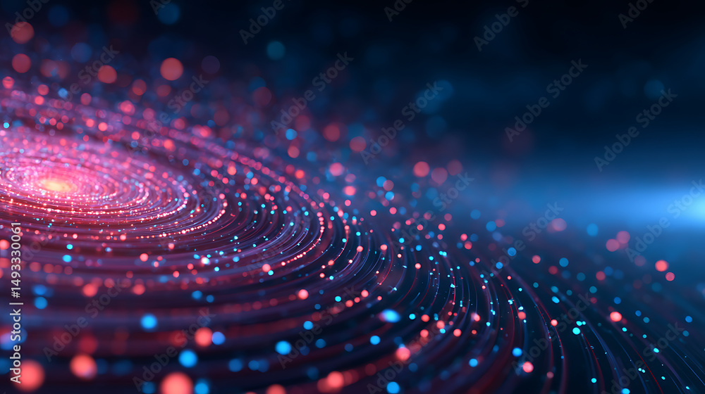 Poster a dynamic abstract light display of red and blue dots converging towards a bright center, on a dark 