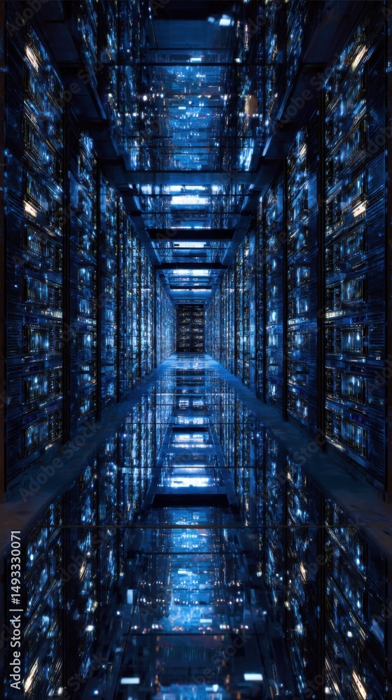 Poster data center server room perspective view showing racks of computer equipment and reflection in the f