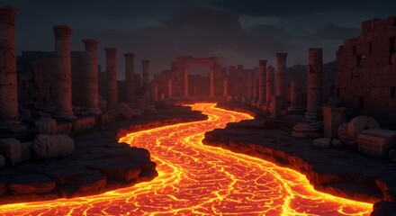 Lava Flow in Ancient Ruins at Night