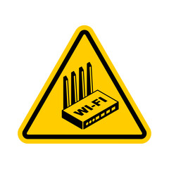 Attention WiFi router! Caution Wi-Fi Internet equipment icon. Yellow triangle danger sign Wi Fi network equipment symbol
